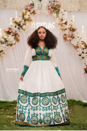 Menen Zuria Habesha Kemis – White with Green & Gold Tibeb – Azmarino Fashion Boutique – view 2