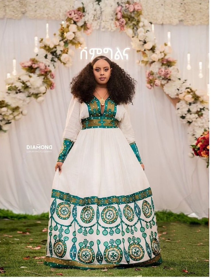 Menen Zuria Habesha Kemis – White with Green & Gold Tibeb – Azmarino Fashion Boutique – view 2