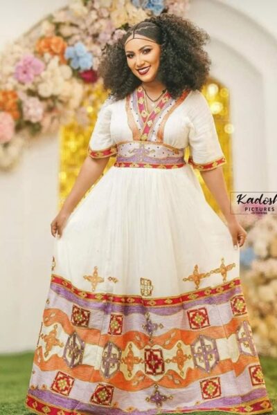 Menen Zuria Habesha Kemis – White with Orange & Gold Tibeb