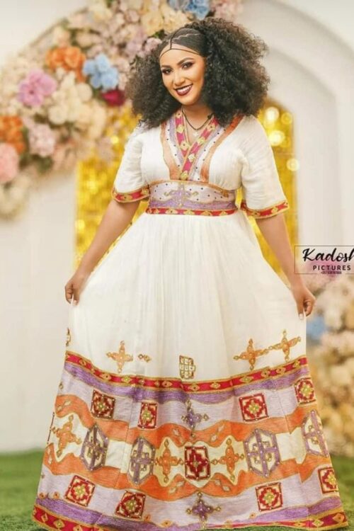Menen Zuria Habesha Kemis – White with Orange & Gold Tibeb – Azmarino Fashion Boutique