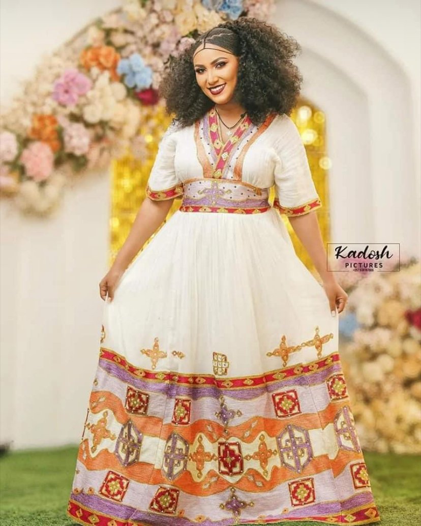 Menen Zuria Habesha Kemis – White with Orange & Gold Tibeb – Azmarino Fashion Boutique