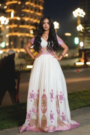 Menen Zuria Habesha Kemis – White with Pink & Gold Tibeb – Azmarino Fashion Boutique