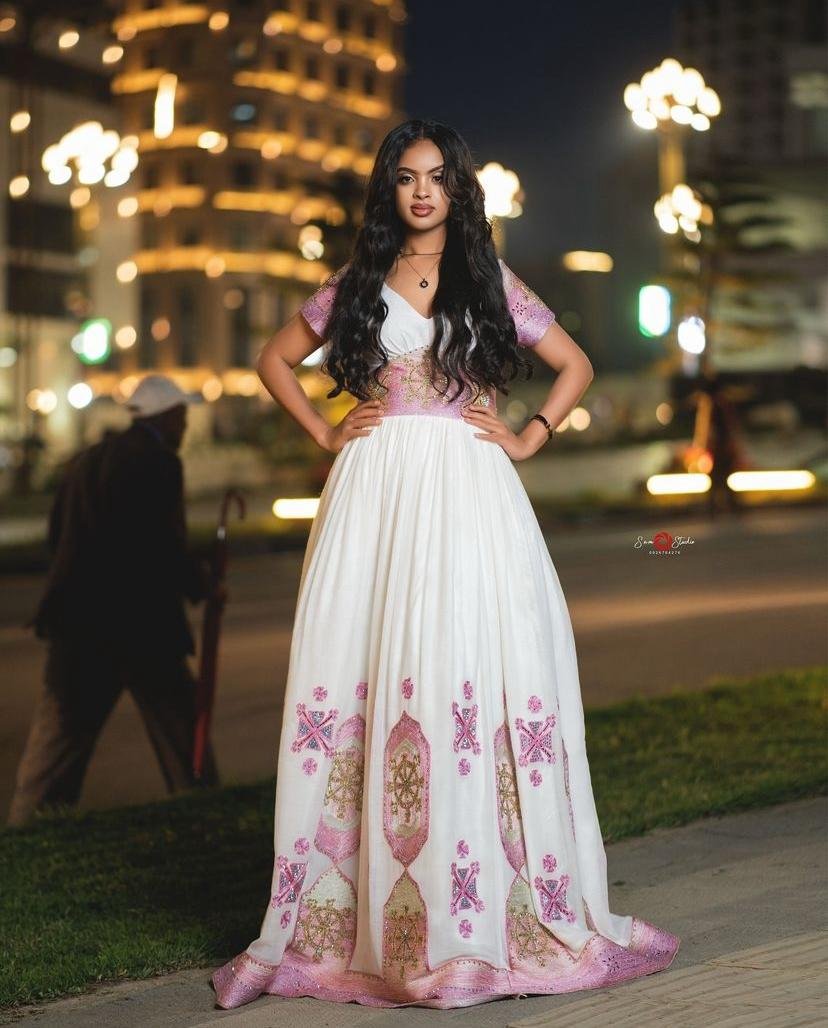 Menen Zuria Habesha Kemis – White with Pink & Gold Tibeb – Azmarino Fashion Boutique