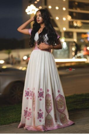 Menen Zuria Habesha Kemis – White with Pink & Gold Tibeb – Azmarino Fashion Boutique – view 2