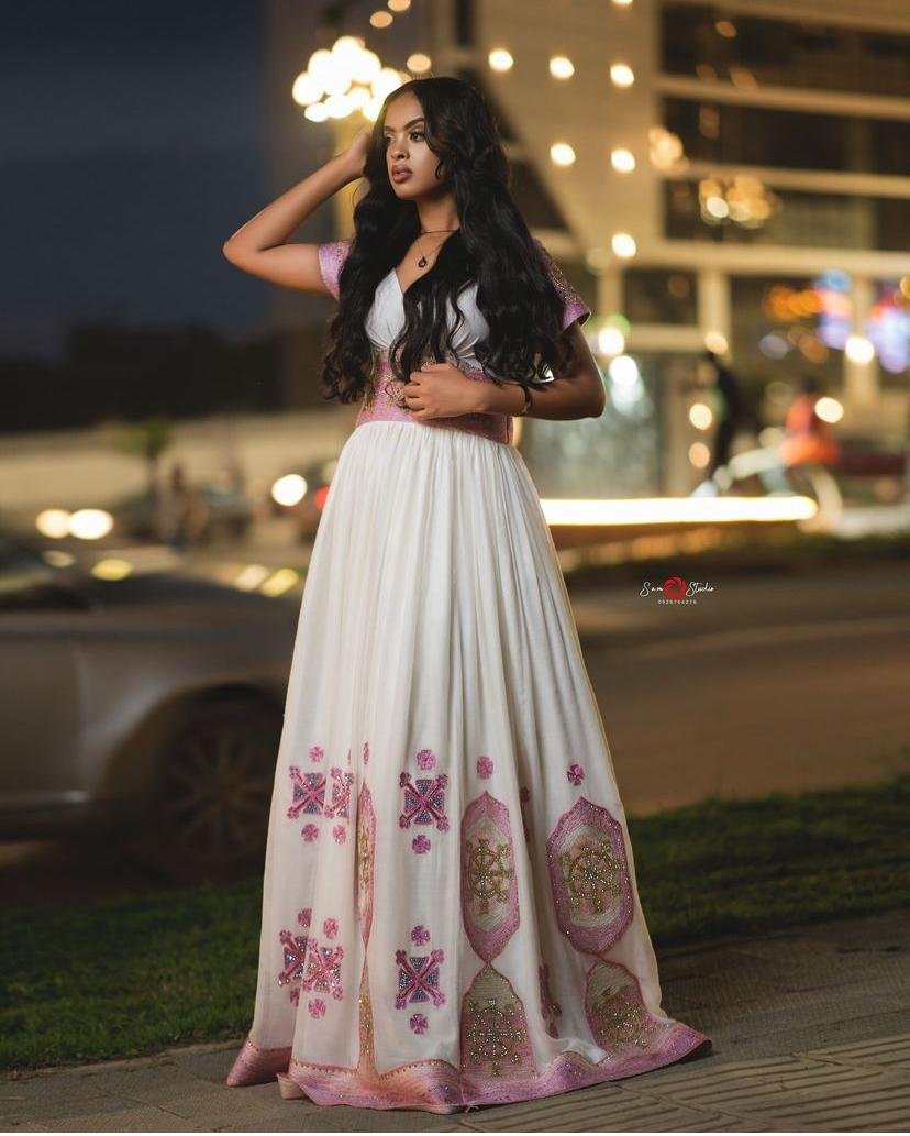 Menen Zuria Habesha Kemis – White with Pink & Gold Tibeb – Azmarino Fashion Boutique – view 2