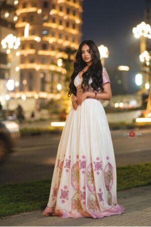 Menen Zuria Habesha Kemis – White with Pink & Gold Tibeb – Azmarino Fashion Boutique – view 3