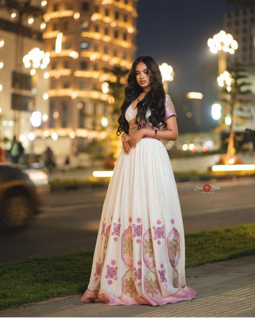Menen Zuria Habesha Kemis – White with Pink & Gold Tibeb – Azmarino Fashion Boutique – view 3