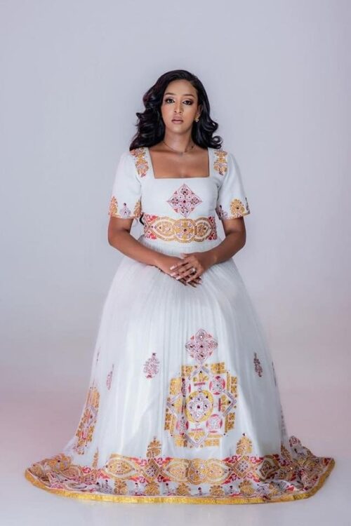 Menen Zuria Habesha Kemis – White with Red Cross Tibeb – Azmarino Fashion Boutique