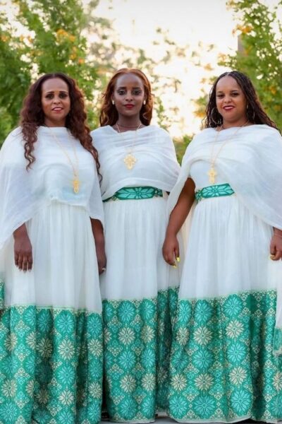 Menen Zuria Habesha Kemis – White with Teal & Gold Tibeb