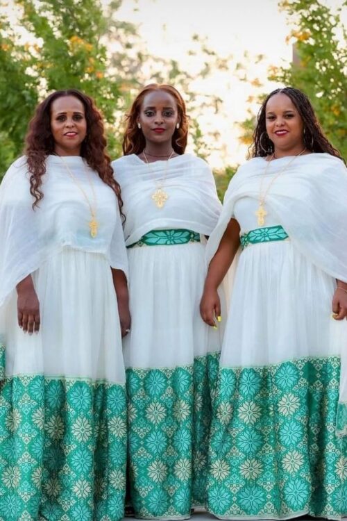 Menen Zuria Habesha Kemis – White with Teal & Gold Tibeb – Azmarino Fashion Boutique