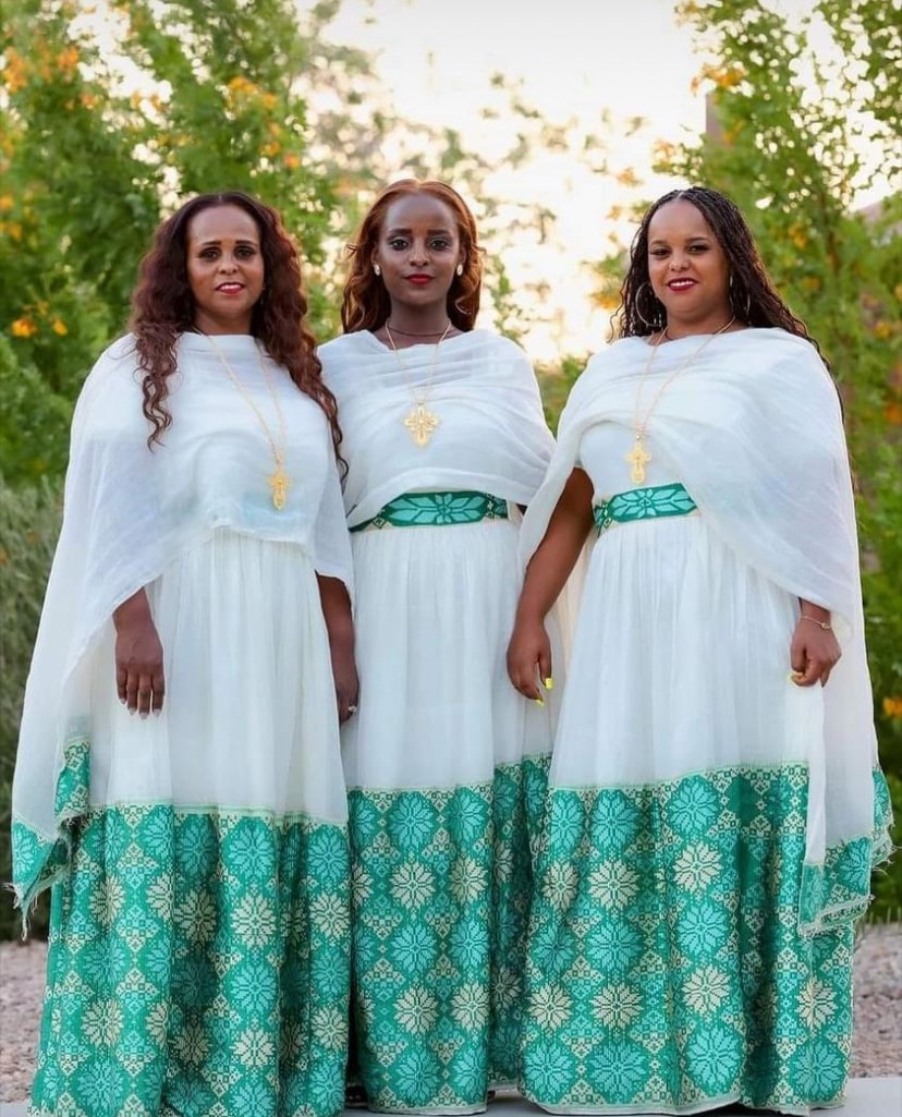 Menen Zuria Habesha Kemis – White with Teal & Gold Tibeb – Azmarino Fashion Boutique