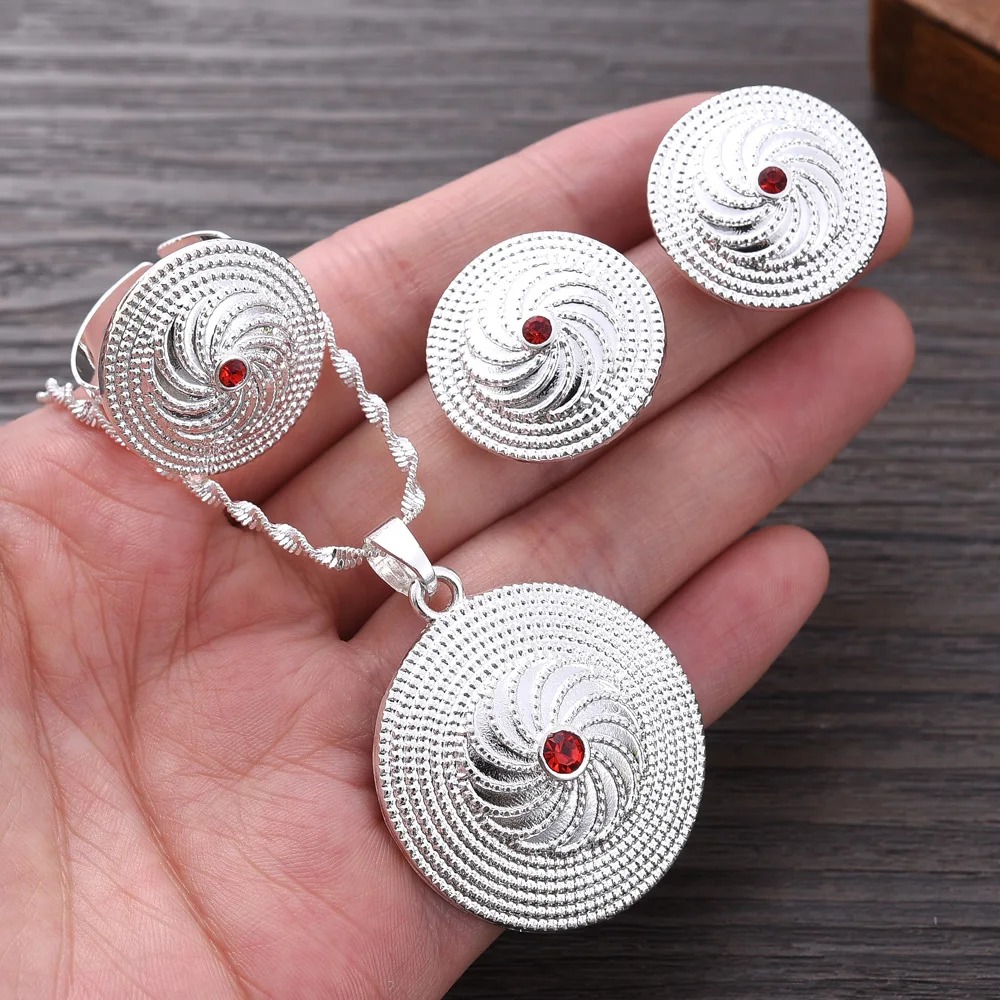 Silver-Plated Habesha Filigree Jewellery Set with Red Stone – Azmarino Fashion Boutique