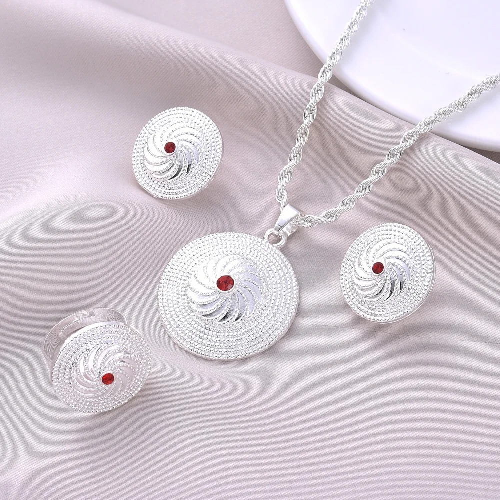 Silver-Plated Habesha Filigree Jewellery Set with Red Stone – Azmarino Fashion Boutique – view 2