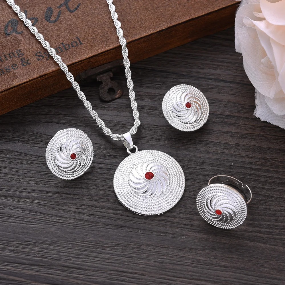 Silver-Plated Habesha Filigree Jewellery Set with Red Stone – Azmarino Fashion Boutique – view 3