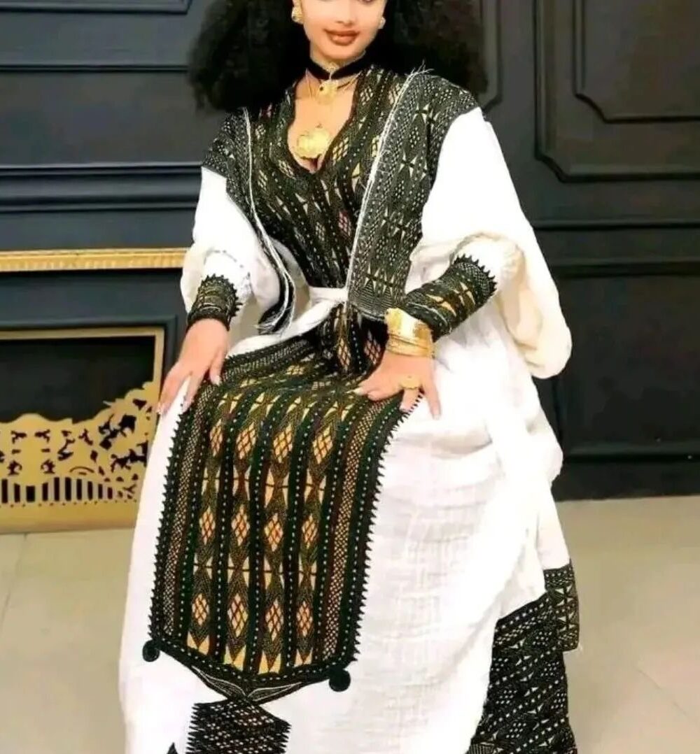 Telfi Embroidered Habesha Kemis – Black with White Tibeb – Azmarino Fashion Boutique
