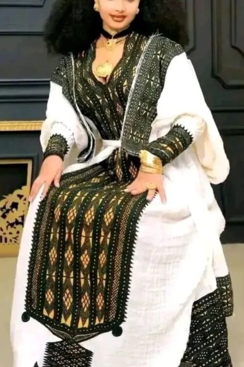 Telfi Embroidered Habesha Kemis – Black with White Tibeb – Azmarino Fashion Boutique