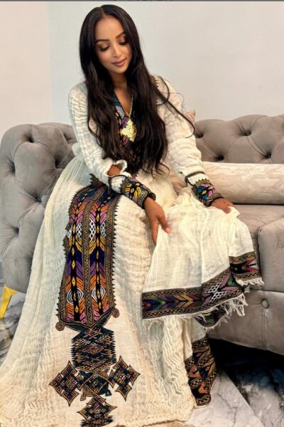 Telfi Embroidered Habesha Kemis – Cream with Black Tibeb