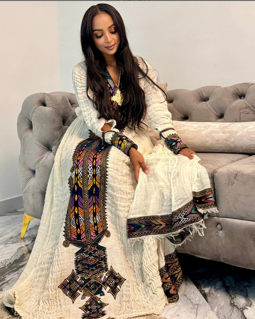 Telfi Embroidered Habesha Kemis – Cream with Black Tibeb – Azmarino Fashion Boutique – view 2