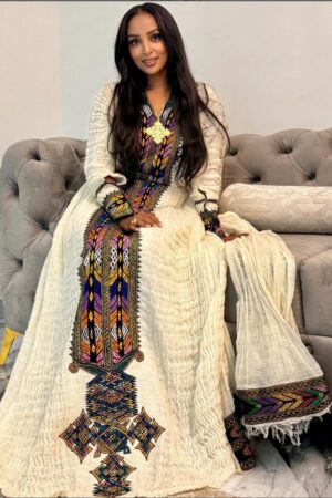 Telfi Embroidered Habesha Kemis – Cream with Black Tibeb – Azmarino Fashion Boutique – view 3