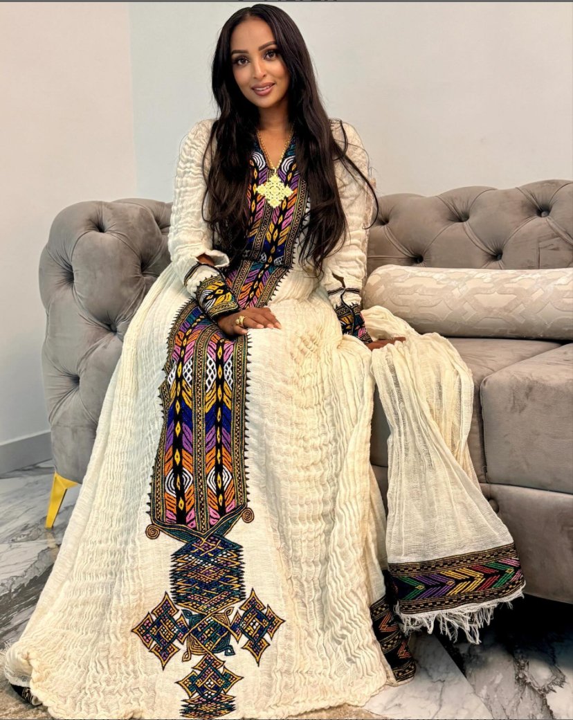 Telfi Embroidered Habesha Kemis – Cream with Black Tibeb – Azmarino Fashion Boutique – view 3