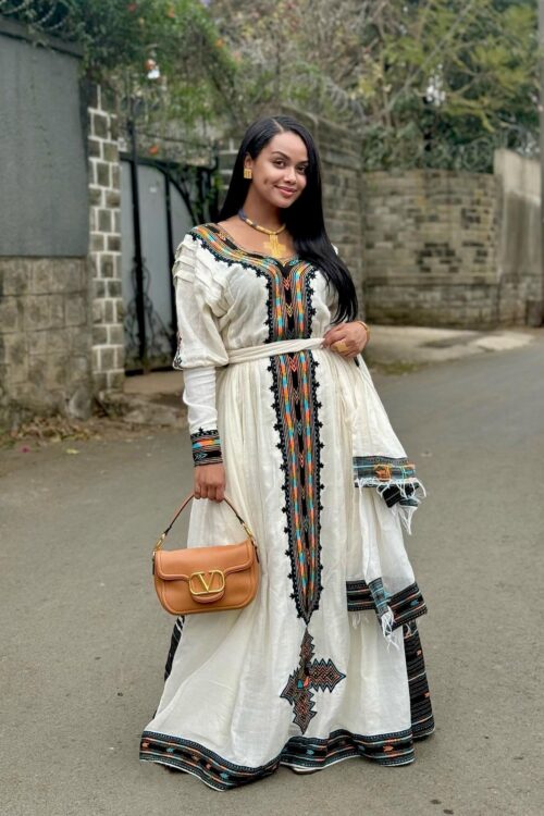 Telfi Embroidered Habesha Kemis – White with Black Tibeb – Azmarino Fashion Boutique