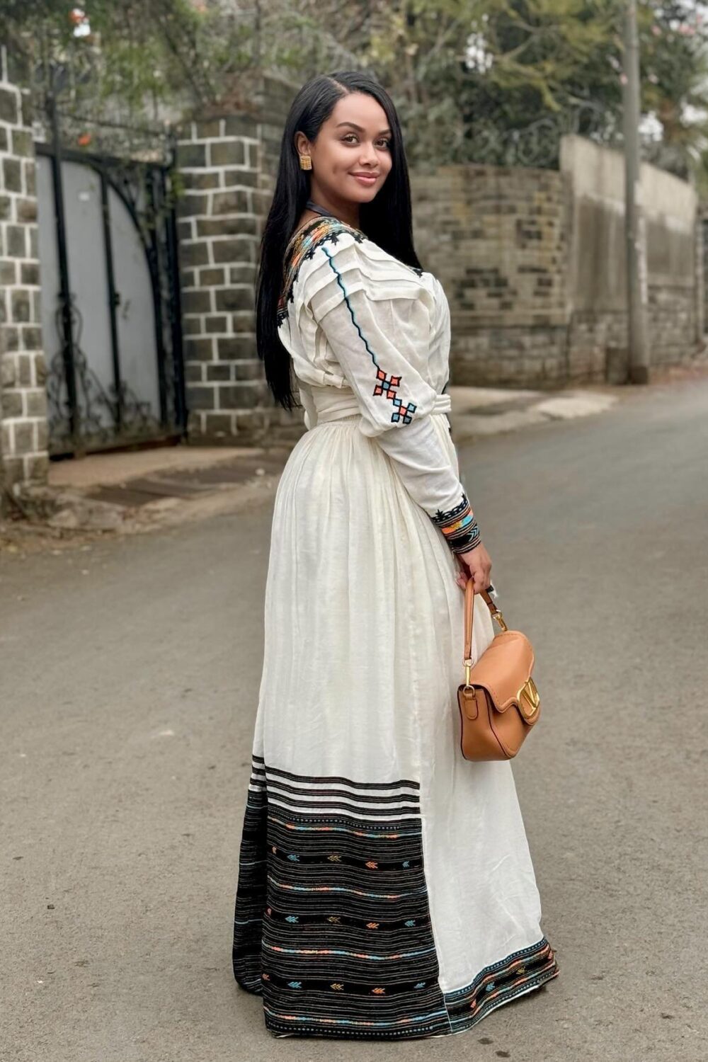 Telfi Embroidered Habesha Kemis – White with Black Tibeb – Azmarino Fashion Boutique – view 2
