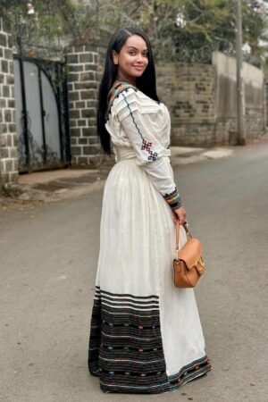 Telfi Embroidered Habesha Kemis – White with Black Tibeb – Azmarino Fashion Boutique – view 2