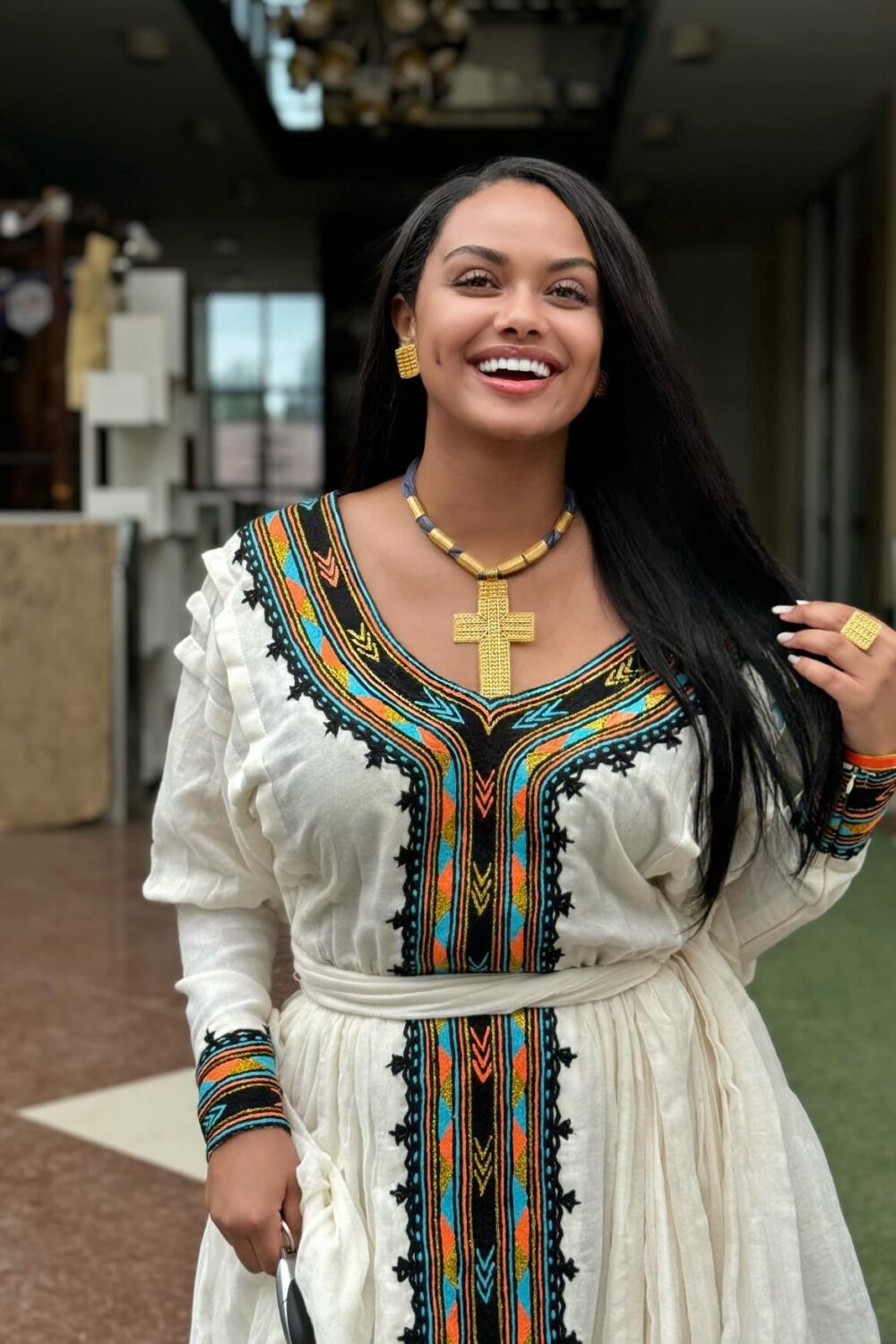 Telfi Embroidered Habesha Kemis – White with Black Tibeb – Azmarino Fashion Boutique – view 3