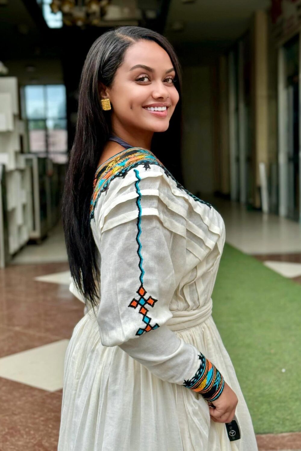 Telfi Embroidered Habesha Kemis – White with Black Tibeb – Azmarino Fashion Boutique – view 4