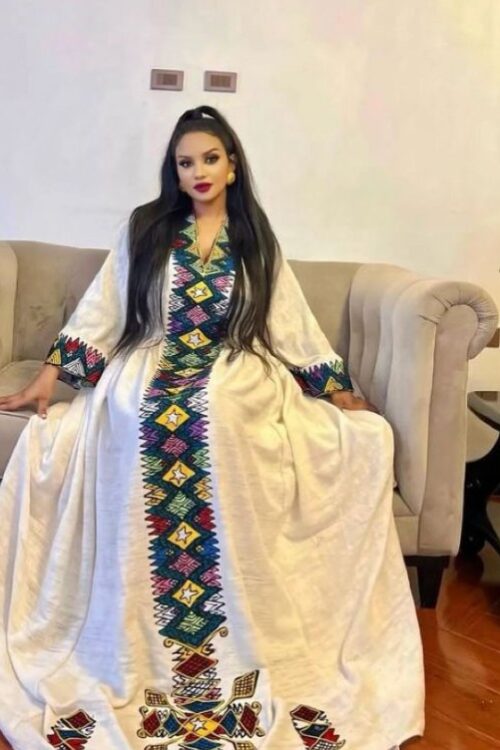 Telfi Embroidered Habesha Kemis – White with Blue & Gold Tibeb – Azmarino Fashion Boutique