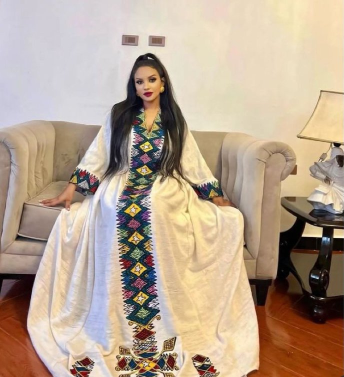 Telfi Embroidered Habesha Kemis – White with Blue & Gold Tibeb – Azmarino Fashion Boutique