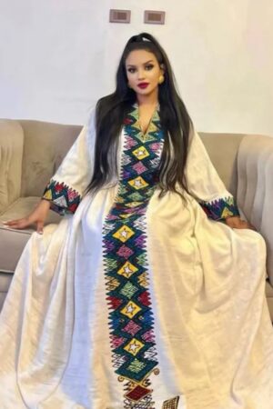 Telfi Embroidered Habesha Kemis – White with Blue & Gold Tibeb – Azmarino Fashion Boutique – view 2
