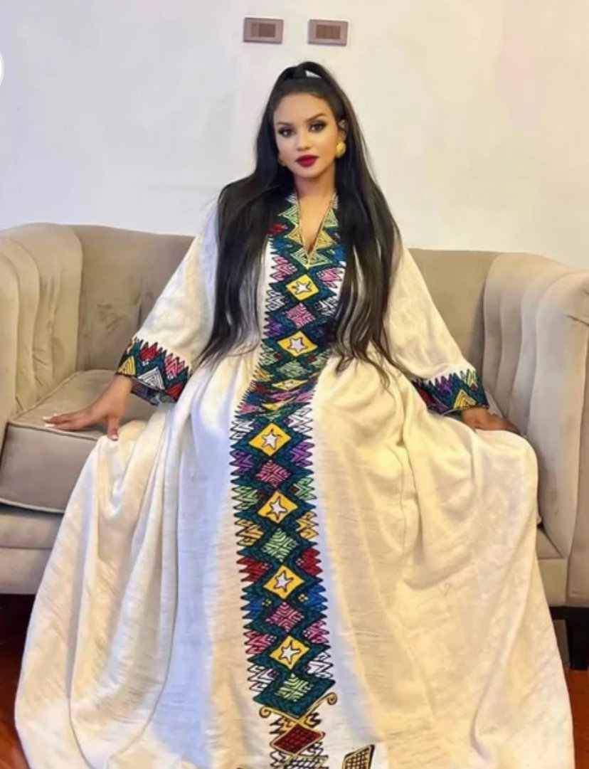 Telfi Embroidered Habesha Kemis – White with Blue & Gold Tibeb – Azmarino Fashion Boutique – view 2