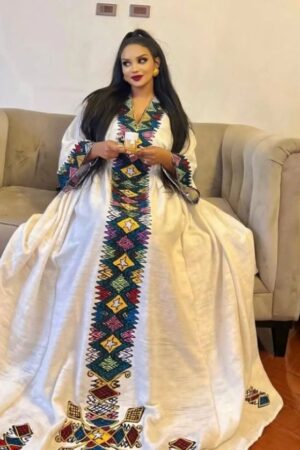 Telfi Embroidered Habesha Kemis – White with Blue & Gold Tibeb – Azmarino Fashion Boutique – view 3