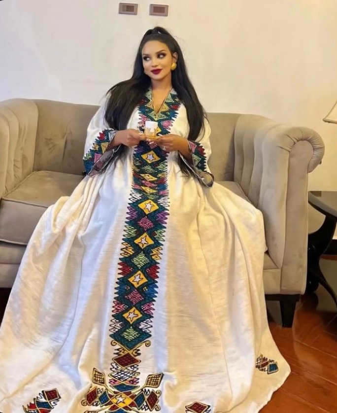 Telfi Embroidered Habesha Kemis – White with Blue & Gold Tibeb – Azmarino Fashion Boutique – view 3
