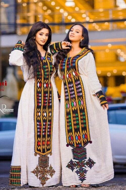 Telfi Embroidered Habesha Kemis – White with Dark Multicolour Tibeb – Azmarino Fashion Boutique