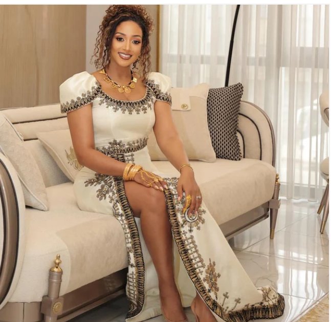 Telfi Embroidered Habesha Kemis – White with Gold Tibeb – Azmarino Fashion Boutique – view 2