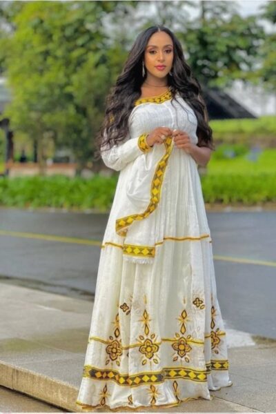 Telfi Embroidered Habesha Kemis – White with Gold-Yellow Tibeb