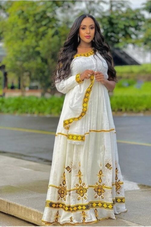 Telfi Embroidered Habesha Kemis – White with Gold-Yellow Tibeb – Azmarino Fashion Boutique