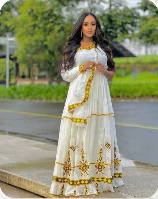 Telfi Embroidered Habesha Kemis – White with Gold-Yellow Tibeb – Azmarino Fashion Boutique