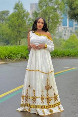 Telfi Embroidered Habesha Kemis – White with Gold-Yellow Tibeb – Azmarino Fashion Boutique – view 2