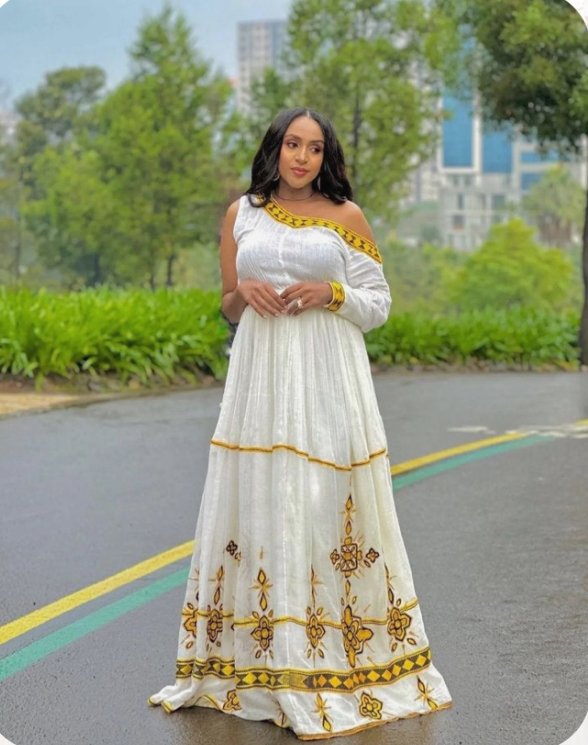 Telfi Embroidered Habesha Kemis – White with Gold-Yellow Tibeb – Azmarino Fashion Boutique – view 2