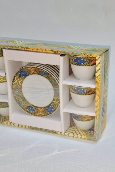 Traditional Finjal (Cini) Coffee Cup Set with Tibeb Pattern