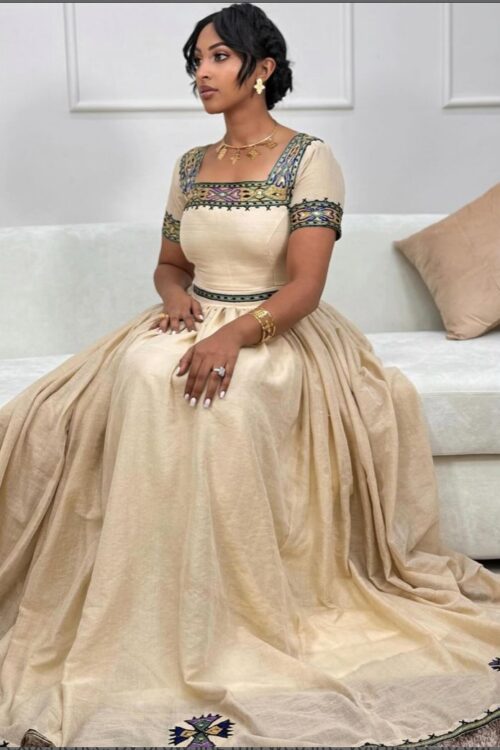 Zuria Habesha Kemis – Beige with Gold Tibeb – Azmarino Fashion Boutique