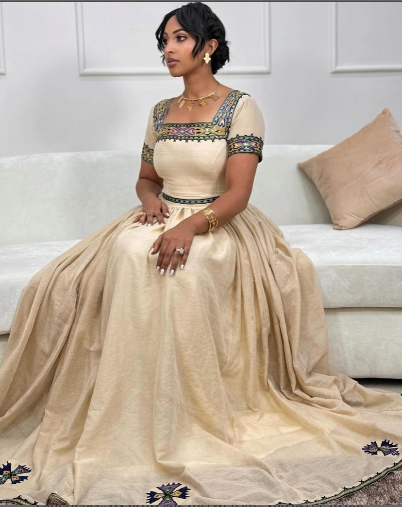 Zuria Habesha Kemis – Beige with Gold Tibeb – Azmarino Fashion Boutique
