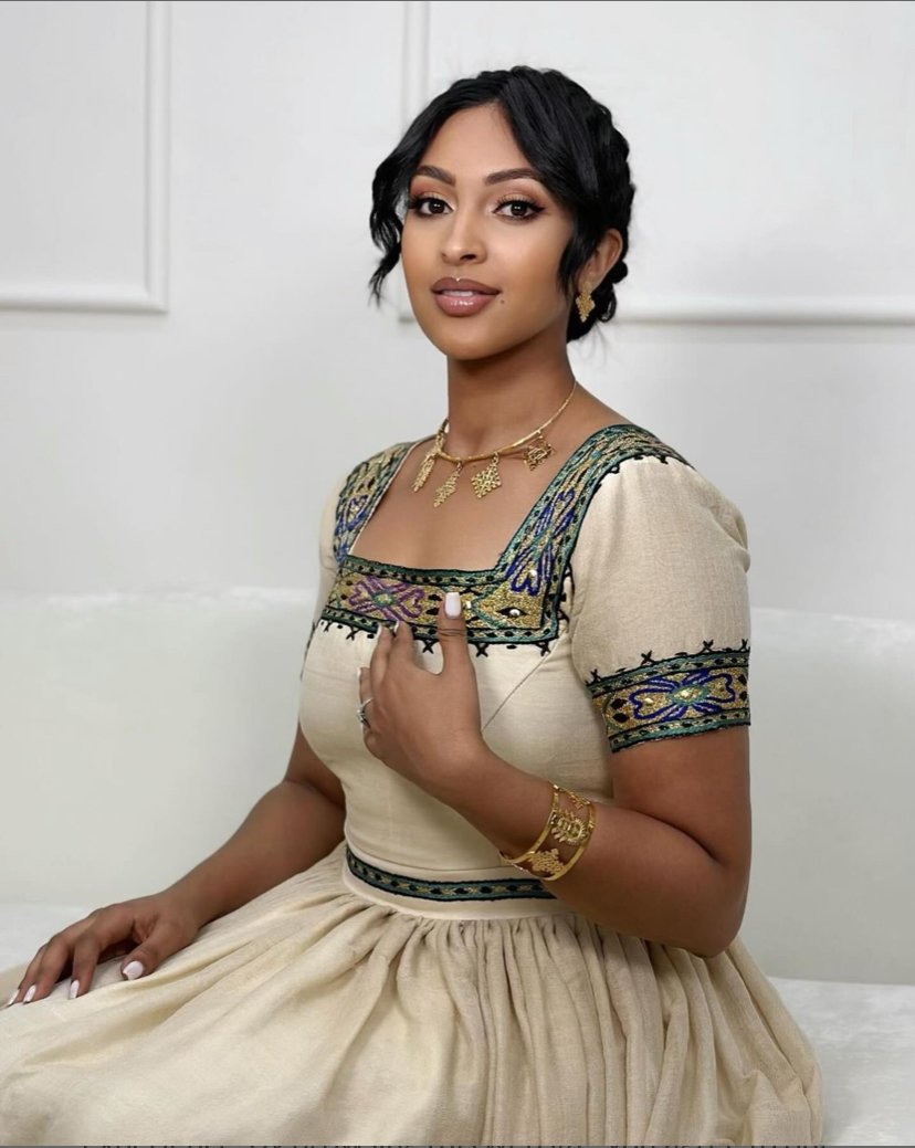 Zuria Habesha Kemis – Beige with Gold Tibeb – Azmarino Fashion Boutique – view 3