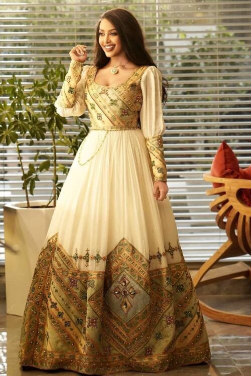 Zuria Habesha Kemis – Cream with Gold & Brown Tibeb – Azmarino Fashion Boutique