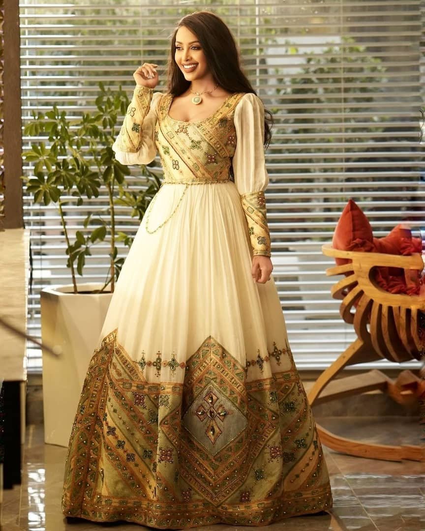 Zuria Habesha Kemis – Cream with Gold & Brown Tibeb – Azmarino Fashion Boutique