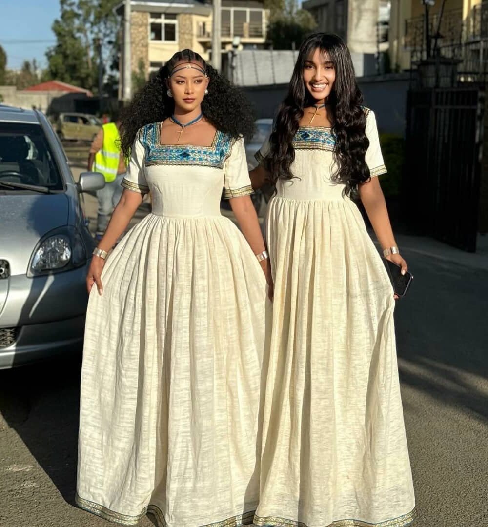 Zuria Habesha Kemis – Cream with Green Tibeb – Azmarino Fashion Boutique