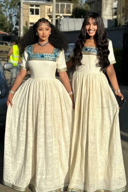 Zuria Habesha Kemis – Cream with Green Tibeb – Azmarino Fashion Boutique